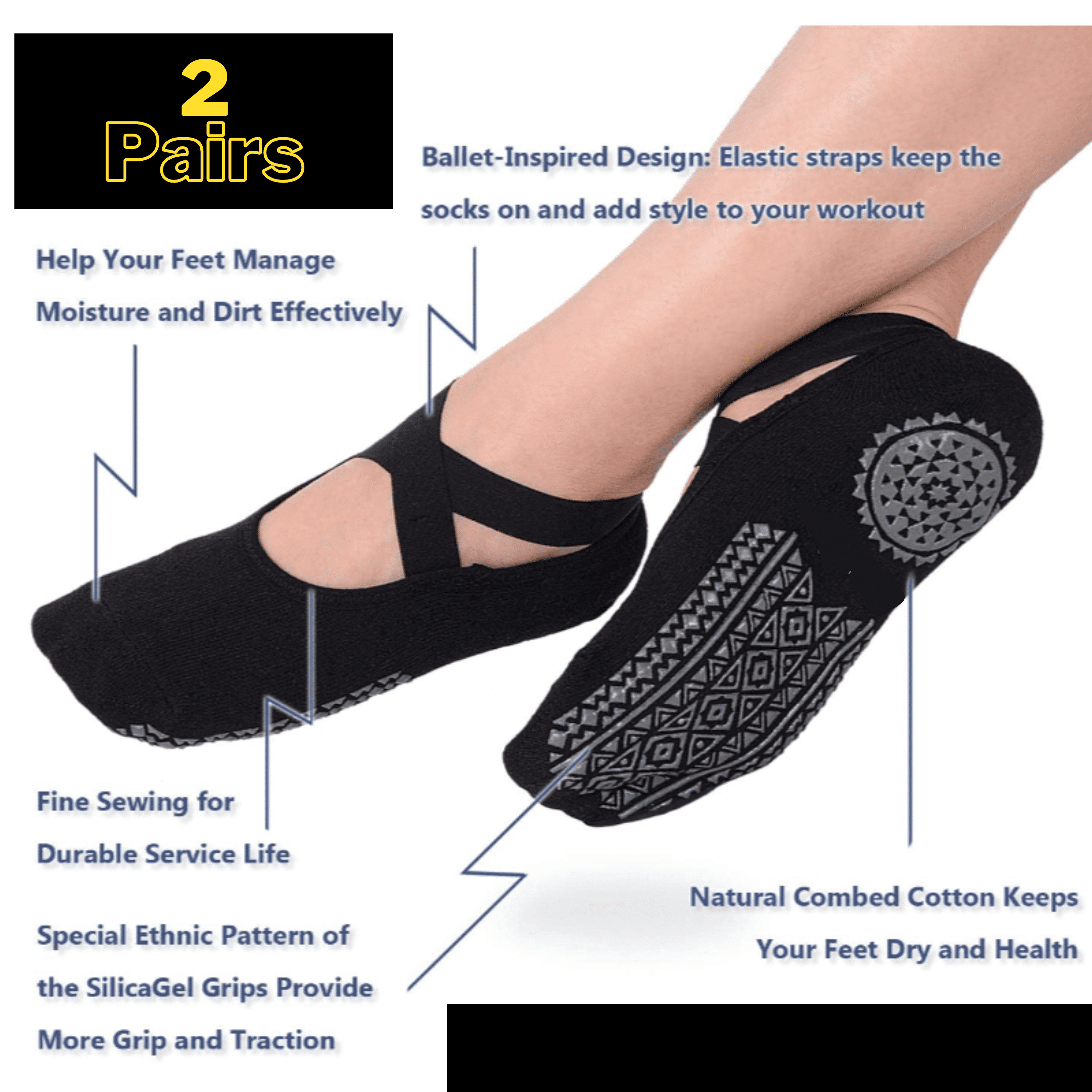 VerdeVida: Ladies's Black Yoga Socks - 2 Pairs with Non-Slip Grips and Straps, Good for Pilates, Pure Barre, Ballet, Dance, and Barefoot Workout routines