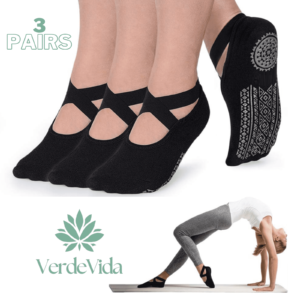 VerdeVida: Ladies’s Black Yoga Socks – 3 Pairs with Non-Slip Grips & Straps, Excellent for Pilates, Pure Barre, Ballet, Dance, and Barefoot Exercises